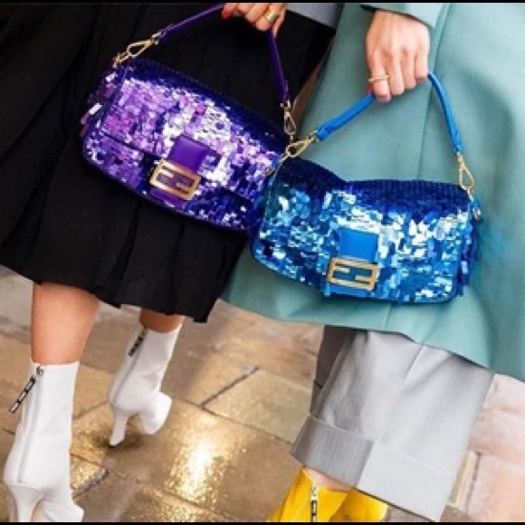 FENDI Navy Blue Sequin Beaded Shoulder Baguette Vintage 90s Bag - Picture 3 of 16